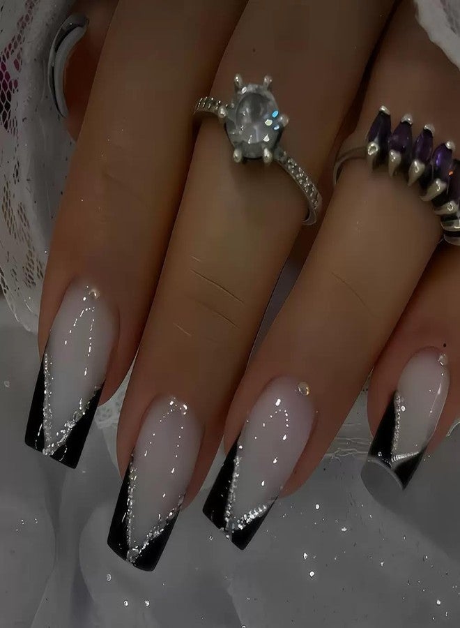 CTTHNBD Square Press on Nails Medium - Black French Tip Fake Nails with Glitter Design - Wihte False Nails， Glossy Stick on - for Women 24 Pcs - Image 1